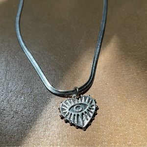 Heart evil eye charm pendant necklace snake herringbone chain silver layer